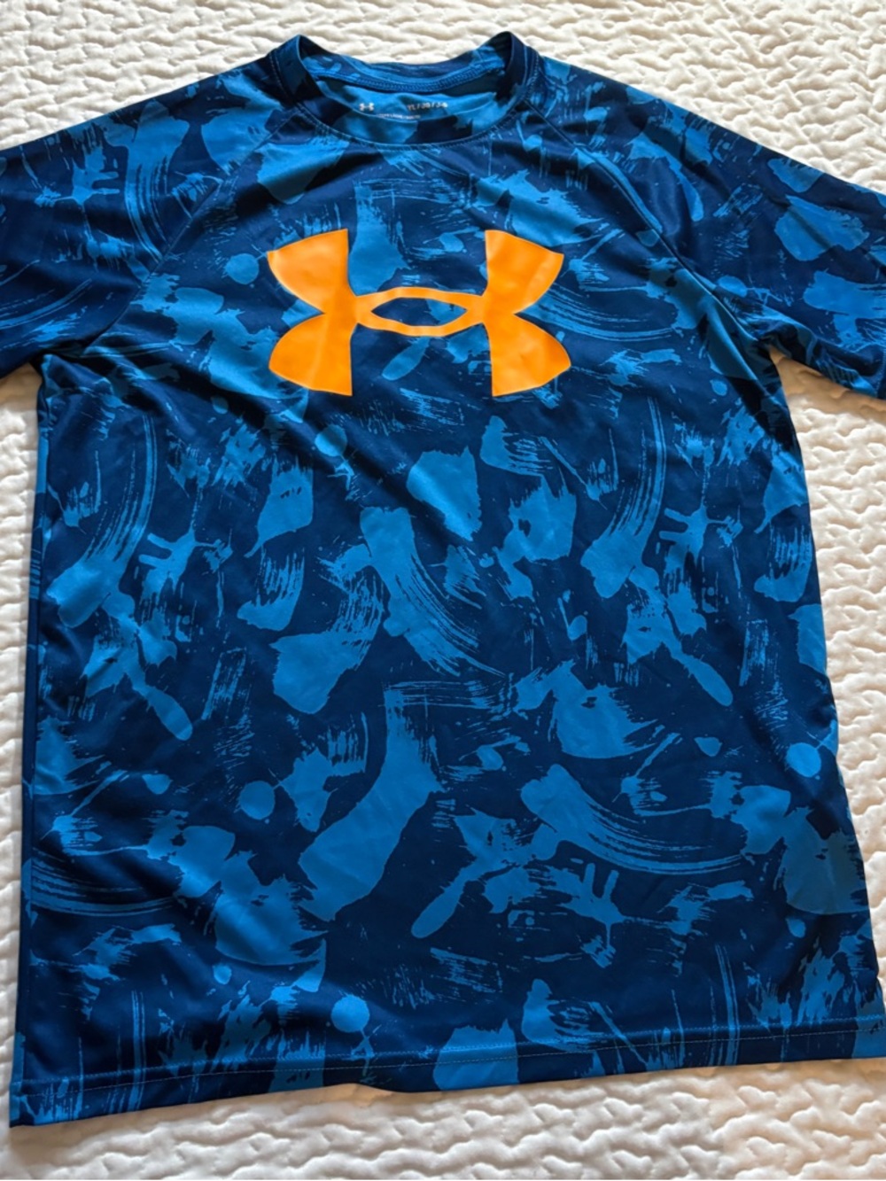 Under Armour Blue Graphic Tech Tee with Orange Logo kids Large